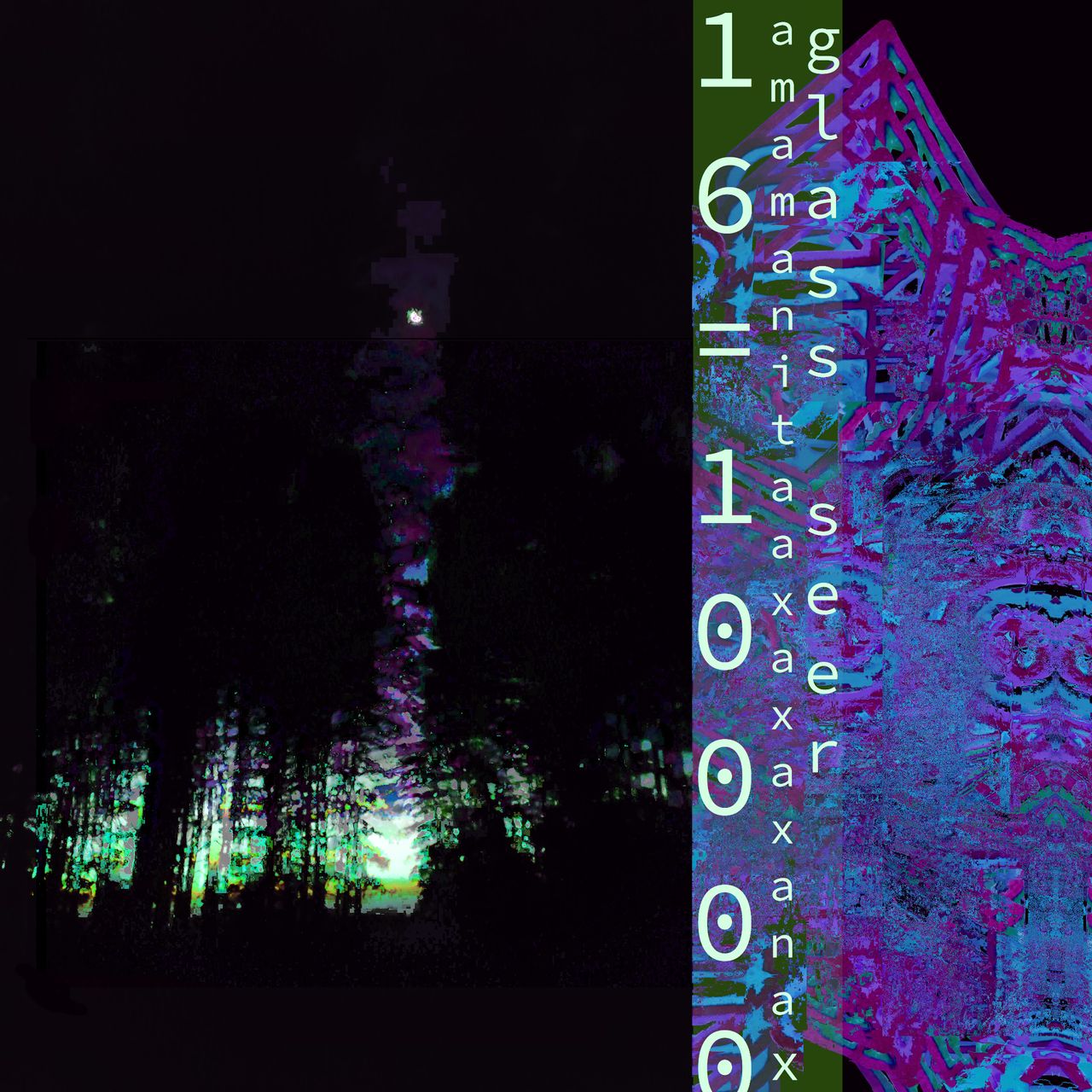 A picture of the night sky in a forest with the full moon visible, hue-shifted to blue green colour. The right third has a glitched AAGS logo, with the album name and artist name overlaid over the top written top to bottom, left to right.