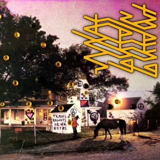 The cover for locked in / locked out. It depicts sunset at a squatted old mansion with radical graffiti all over it. There is a person with a horse in front of it. There are golden sequins on top. There is heavily stylized text in yellow saying \"AAGS locked in locked out\". This cover art was made in collaboration with a friend of mine.