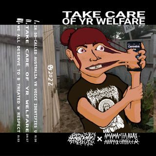 A cover for a tape. Someone who is waiting on hold to centrelink, trying panickedly to peel their face away from their phone screen, which is melted onto the screen in a slapstick fashion. They're wearing a T-Shirt of the artist "Eyes More Skull Than Eyes". The background is a poorly maintained backyard with corrugated iron fencing. The album name, track titles, and artist logos are laid over the top in various fonts, in a style vaguely similar to a hardcore punk poster.